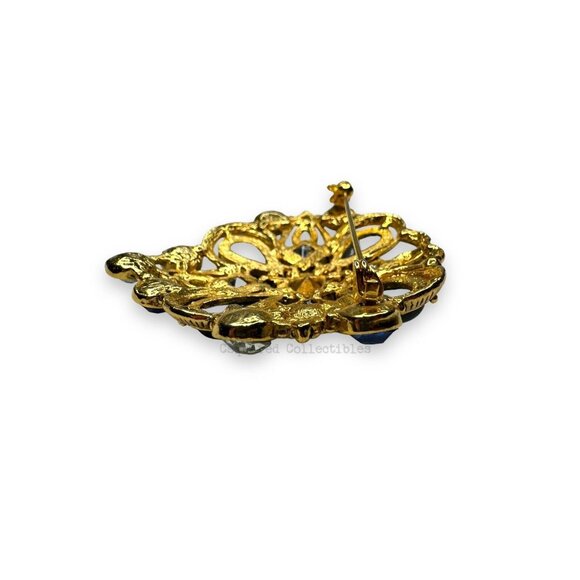 Gold Tone Blue Clear Faceted Crystal & Acrylic Cabochon Brooch - Picture 6 of 9